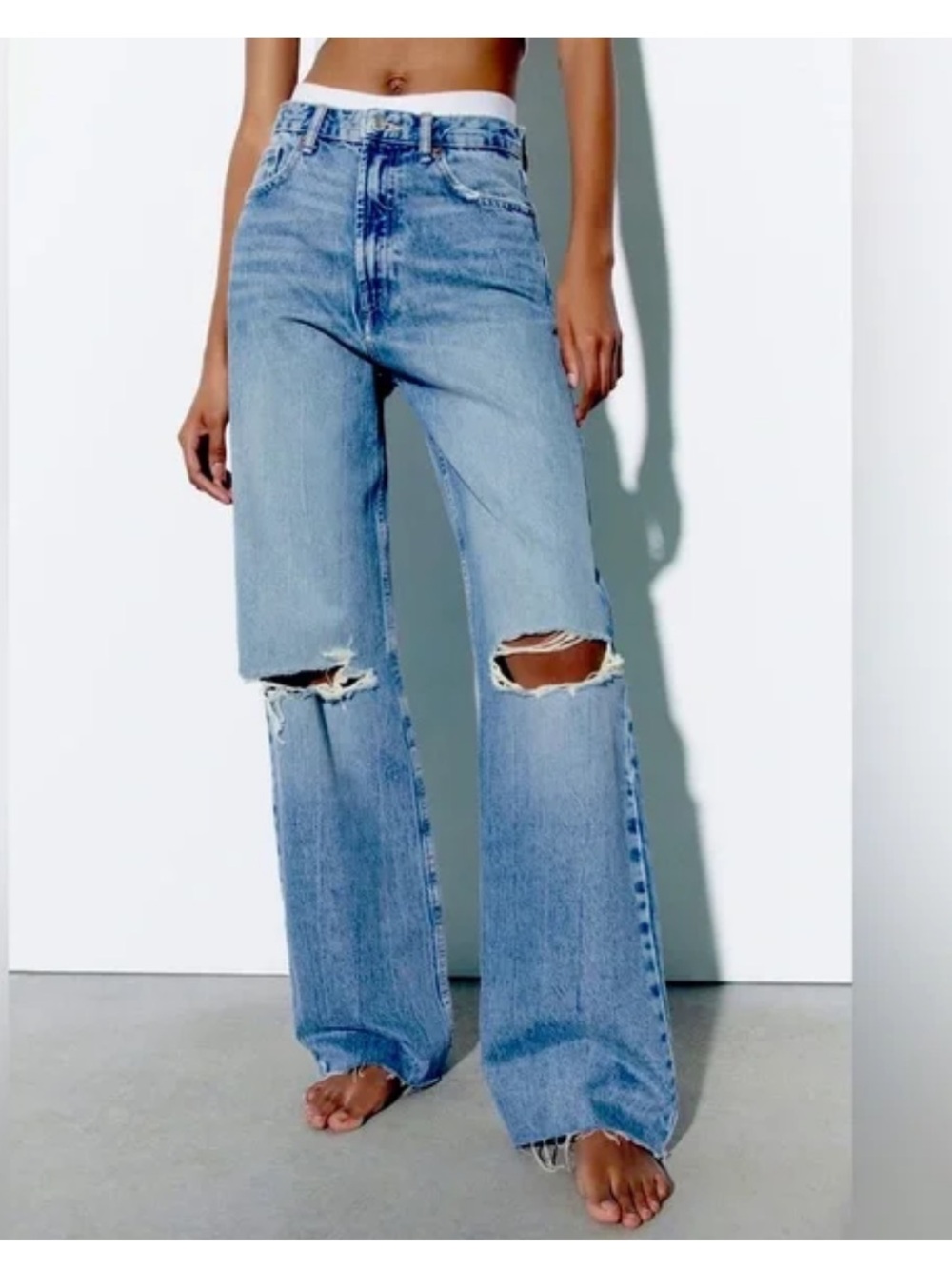 Zara Medium Wash High Rise Wide Leg Ripped Jeans